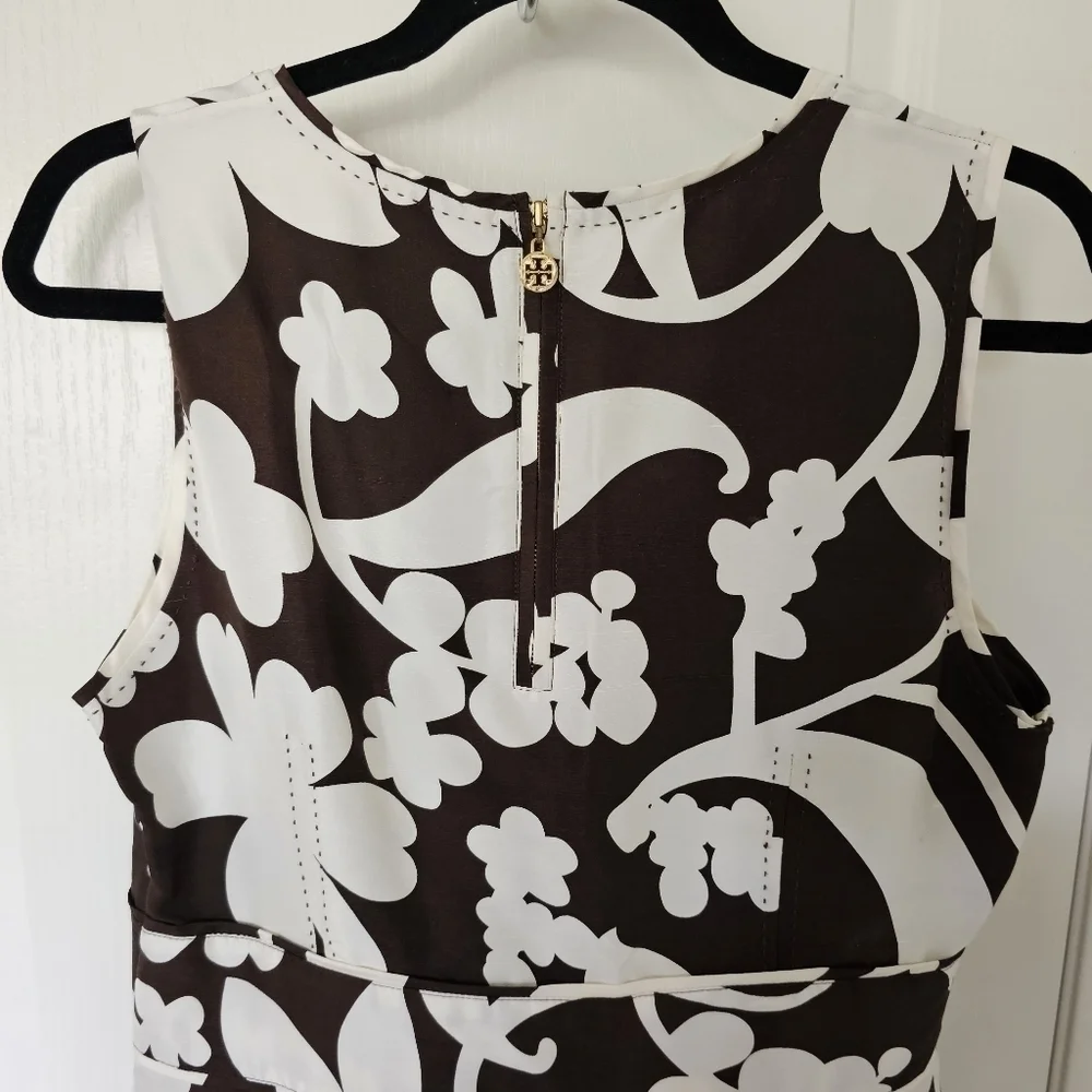 Tory Burch Silk Dress Size 10 Brown White Bold Floral A-Line Top Stitching
